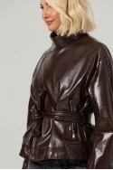 Leather jacket με ψηλό λαιμό και ζώνη μπορντό