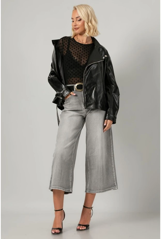 Leather jacket με ψηλό λαιμό και ζώνη μαύρο