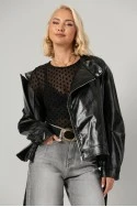Leather jacket με ψηλό λαιμό και ζώνη μαύρο