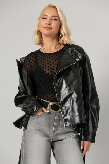 Leather jacket vinyl με ψηλό λαιμό και ζώνη καφέ