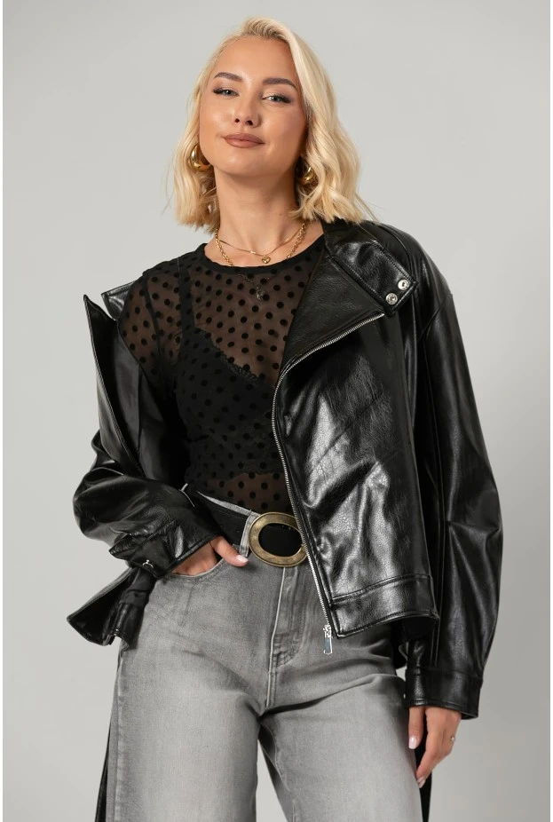 Leather jacket με ψηλό λαιμό και ζώνη μαύρο