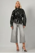 Leather jacket με ψηλό λαιμό και ζώνη μαύρο