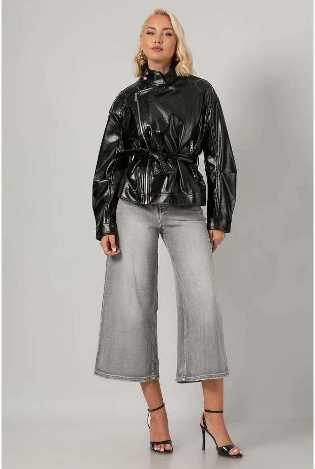 Leather jacket με ψηλό λαιμό και ζώνη μαύρο