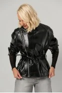 Leather jacket με ψηλό λαιμό και ζώνη μαύρο