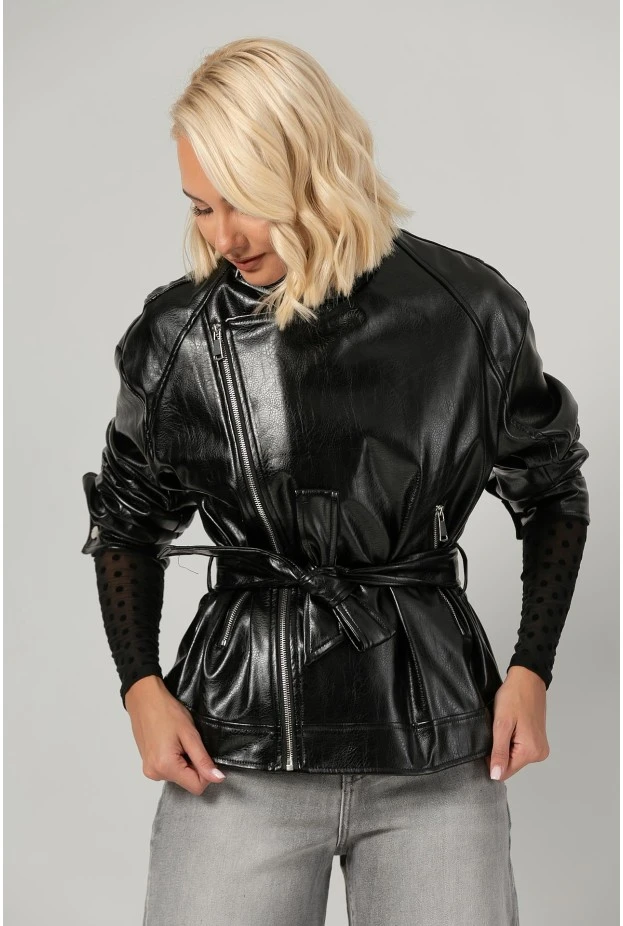 Leather jacket με ψηλό λαιμό και ζώνη μαύρο