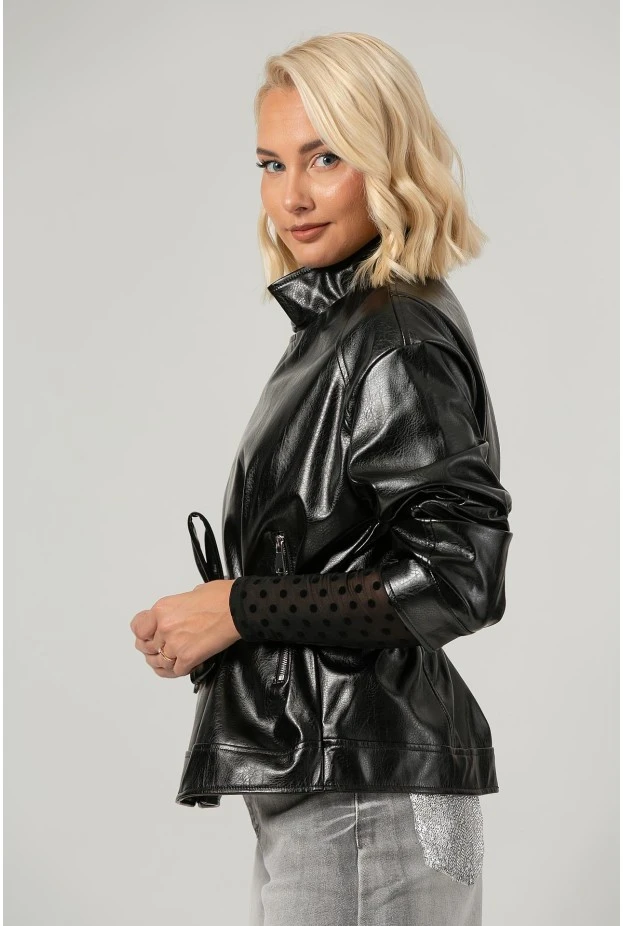 Leather jacket με ψηλό λαιμό και ζώνη μαύρο