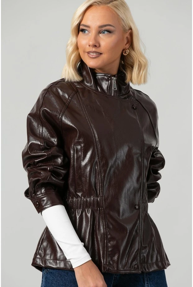 Leather jacket vinyl με σούρες στη μέση μπορντό