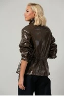 Leather jacket vinyl με σούρες στη μέση καφέ