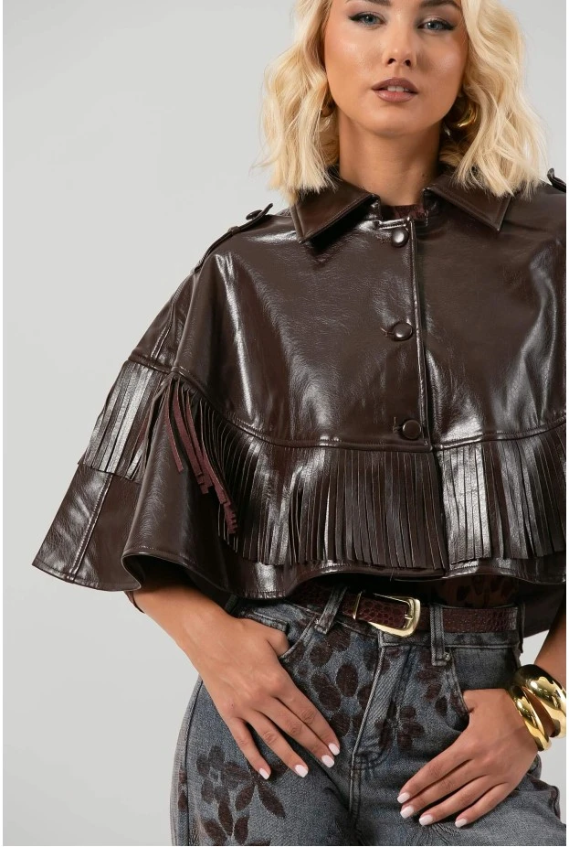 Leather κάπα με κρόσια μπορντό