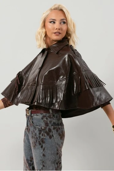 Leather κάπα με κρόσια καφέ