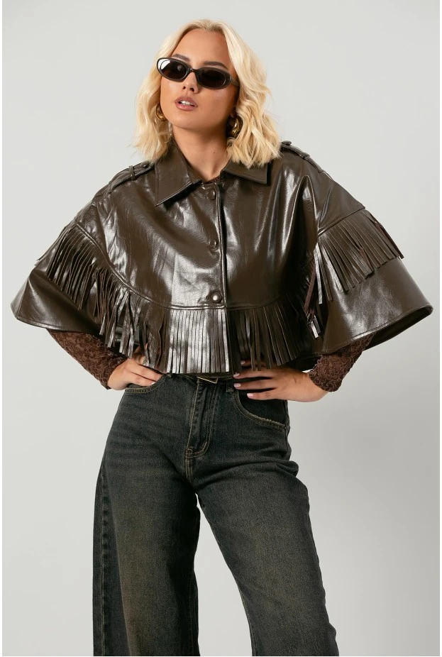 Leather κάπα με κρόσια καφέ