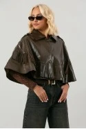 Leather κάπα με κρόσια καφέ