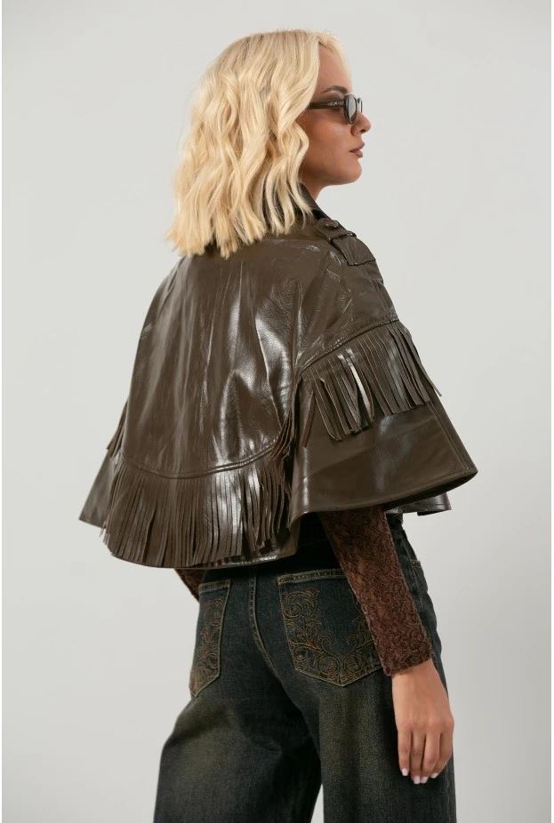 Leather κάπα με κρόσια καφέ