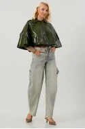 Leather κάπα με κρόσια λαδί