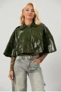 Leather κάπα με κρόσια λαδί