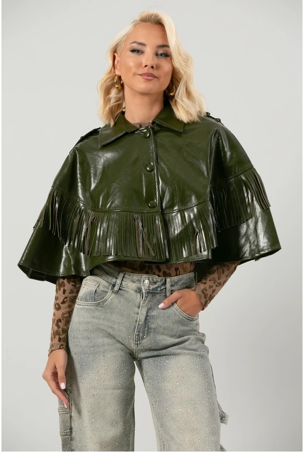 Leather κάπα με κρόσια λαδί