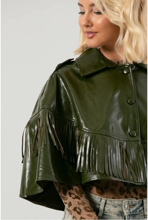 Leather κάπα με κρόσια λαδί