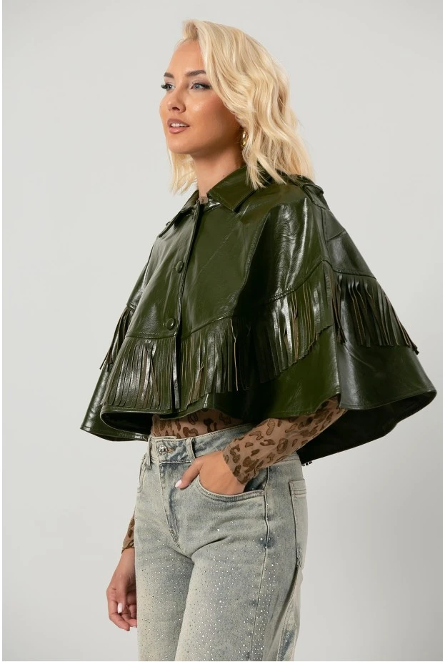Leather κάπα με κρόσια λαδί