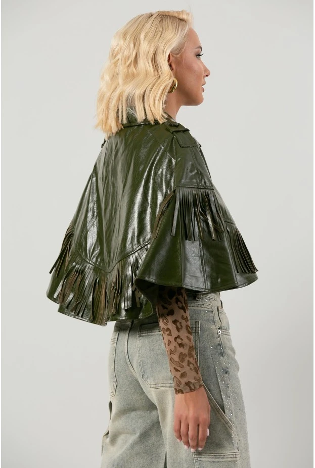Leather κάπα με κρόσια λαδί