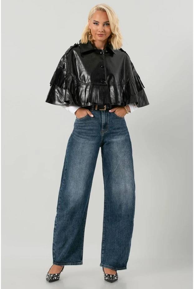 Leather κάπα με κρόσια μαύρο