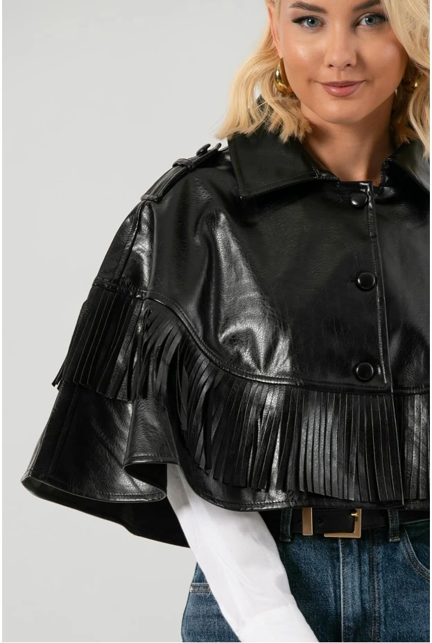 Leather κάπα με κρόσια μαύρο