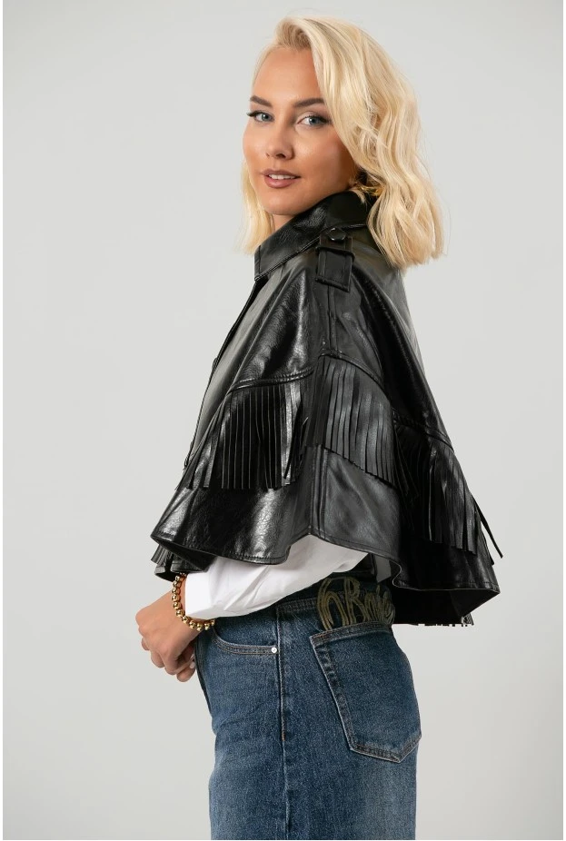 Leather κάπα με κρόσια μαύρο