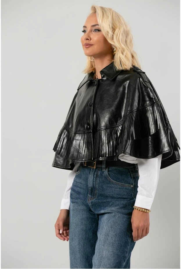 Leather κάπα με κρόσια μαύρο