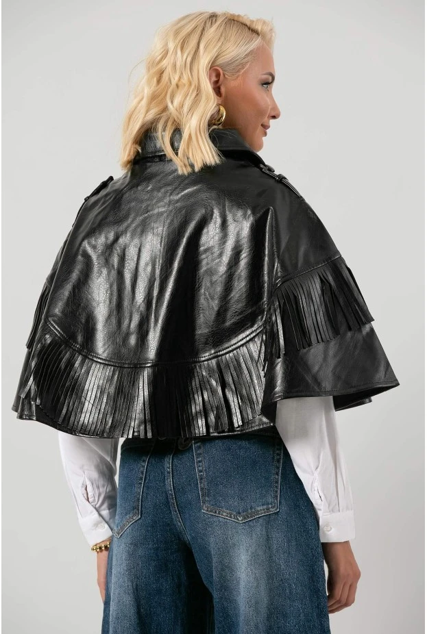Leather κάπα με κρόσια μαύρο