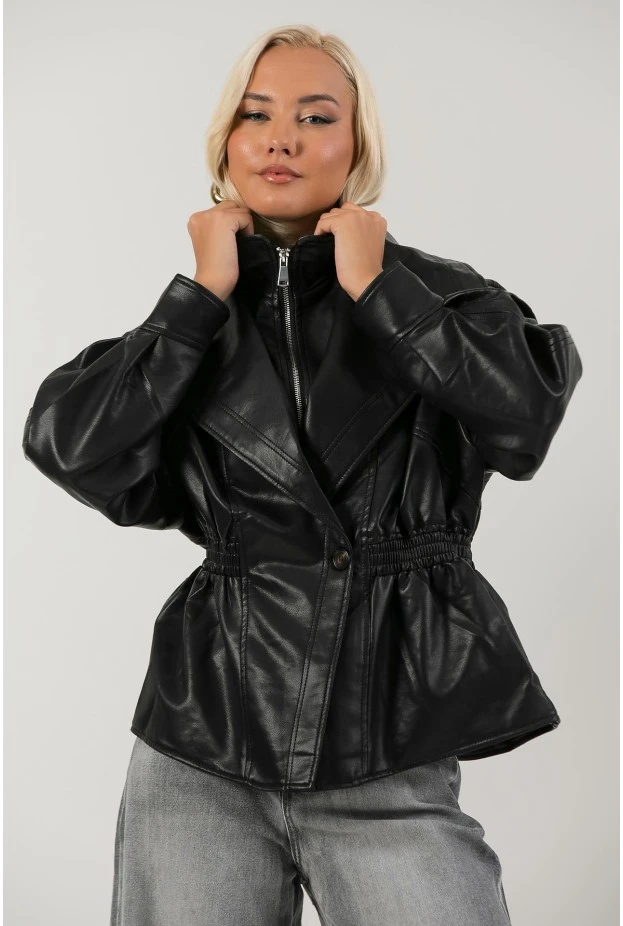 Leather jacket με σφηγκοφωλία στη μέση μαύρο
