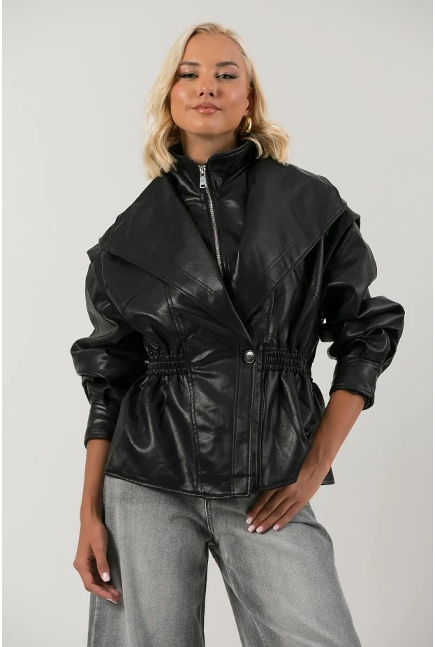 Leather jacket με σφηγκοφωλία στη μέση μαύρο