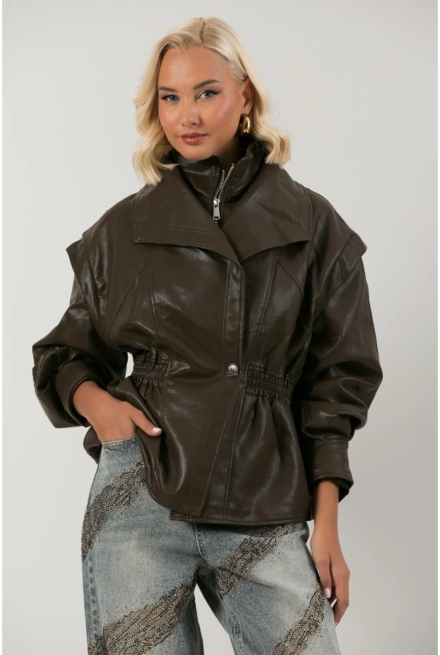 Leather jacket με σφηγκοφωλία στη μέση καφέ