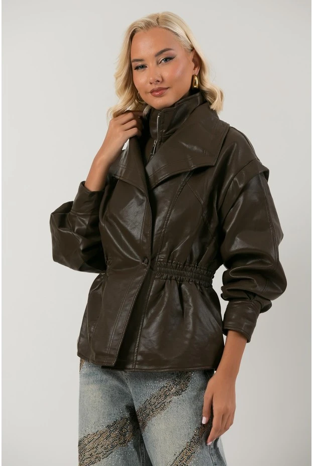 Leather jacket με σφηγκοφωλία στη μέση καφέ