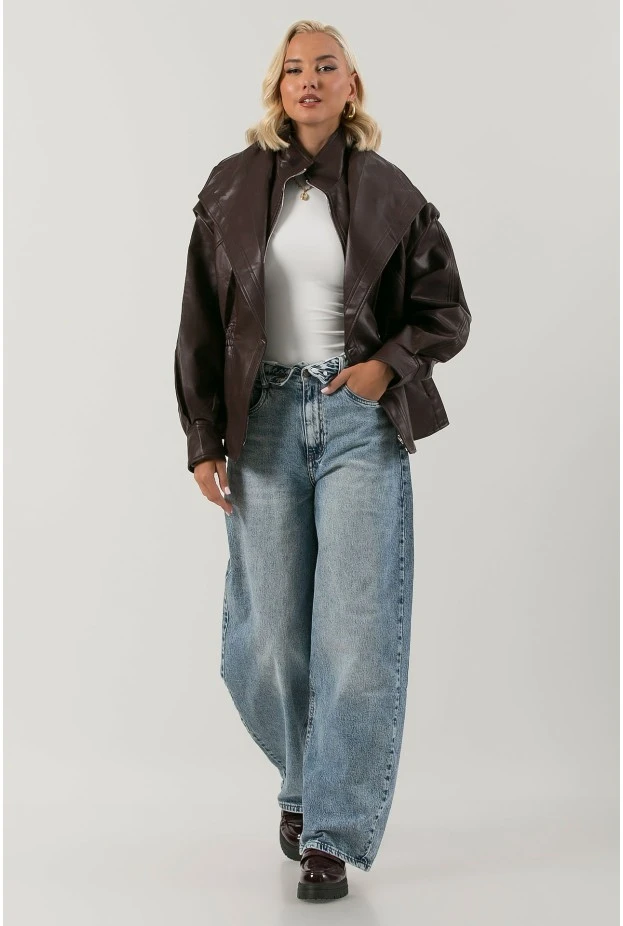 Leather jacket με σφηγκοφωλία στη μέση μπορντό