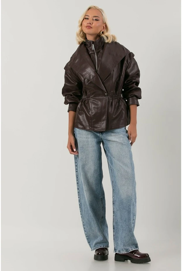 Leather jacket με σφηγκοφωλία στη μέση μπορντό