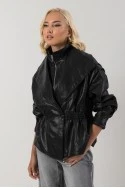 Leather jacket με σφηγκοφωλία στη μέση μαύρο
