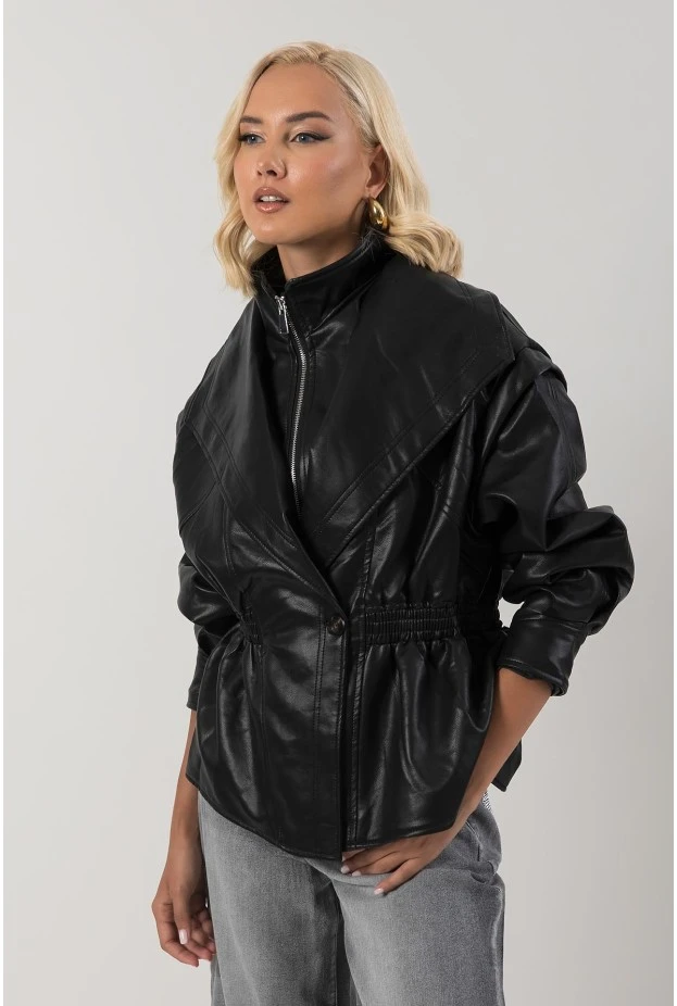 Leather jacket με σφηγκοφωλία στη μέση μαύρο