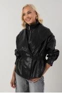 Leather jacket με σφηγκοφωλία στη μέση μαύρο