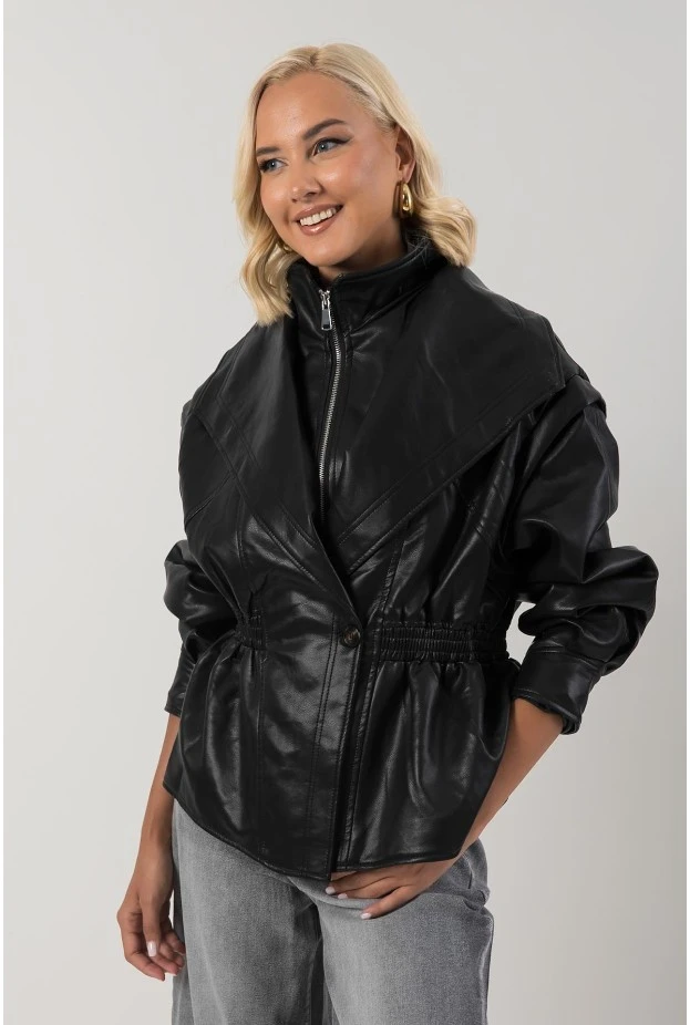 Leather jacket με σφηγκοφωλία στη μέση μαύρο