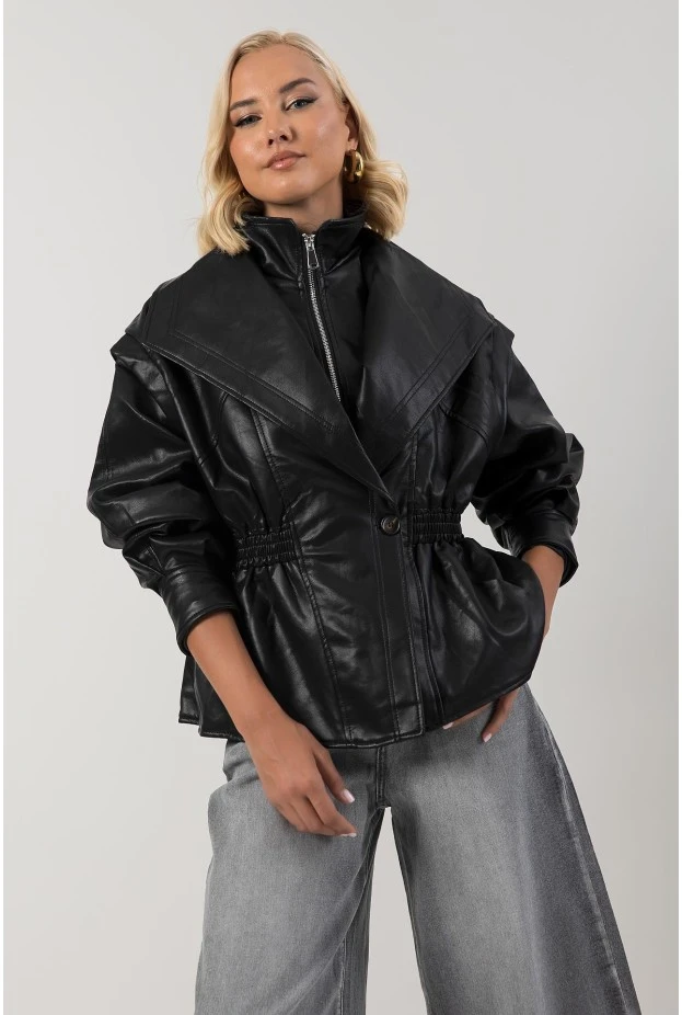 Leather jacket με σφηγκοφωλία στη μέση μαύρο