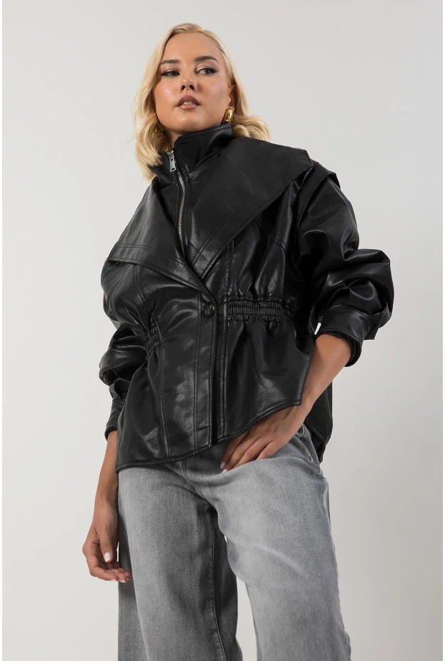 Leather jacket με σφηγκοφωλία στη μέση μαύρο
