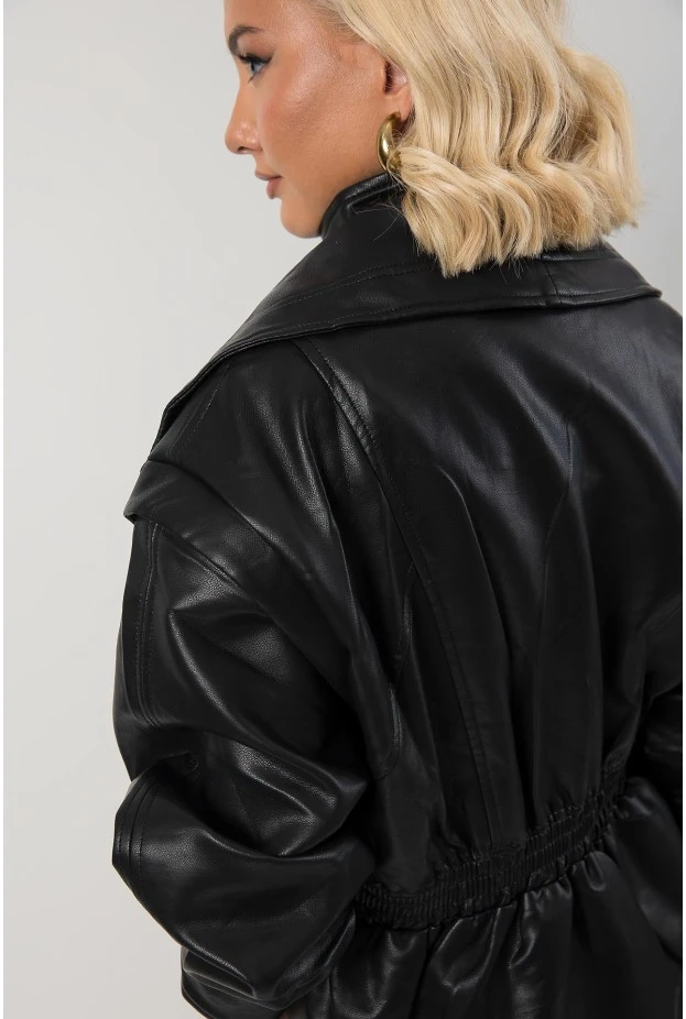 Leather jacket με σφηγκοφωλία στη μέση μαύρο