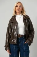 Leather jacket vinyl με καρό λεπτομέρειες και λάστιχο στη μέση καφέ