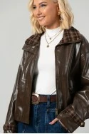 Leather jacket vinyl με καρό λεπτομέρειες και λάστιχο στη μέση καφέ