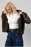 Leather jacket vinyl με καρό λεπτομέρειες και λάστιχο στη μέση καφέ