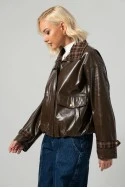 Leather jacket vinyl με καρό λεπτομέρειες και λάστιχο στη μέση καφέ