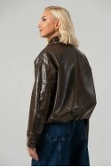 Leather jacket vinyl με καρό λεπτομέρειες και λάστιχο στη μέση καφέ