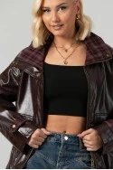 Leather jacket vinyl με καρό λεπτομέρειες και λάστιχο στη μέση μπορντό