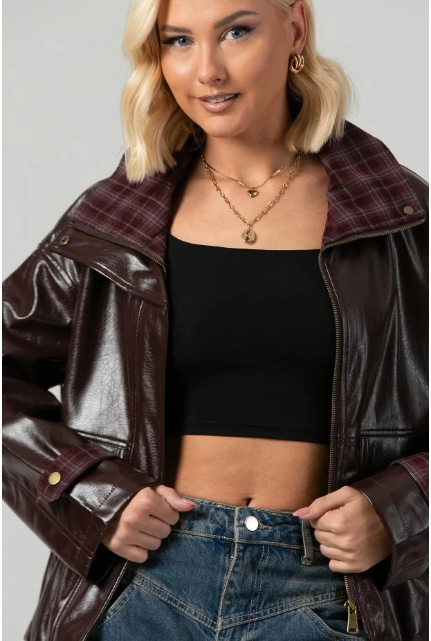 Leather jacket vinyl με καρό λεπτομέρειες και λάστιχο στη μέση μπορντό