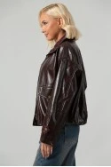 Leather jacket vinyl με καρό λεπτομέρειες και λάστιχο στη μέση μπορντό