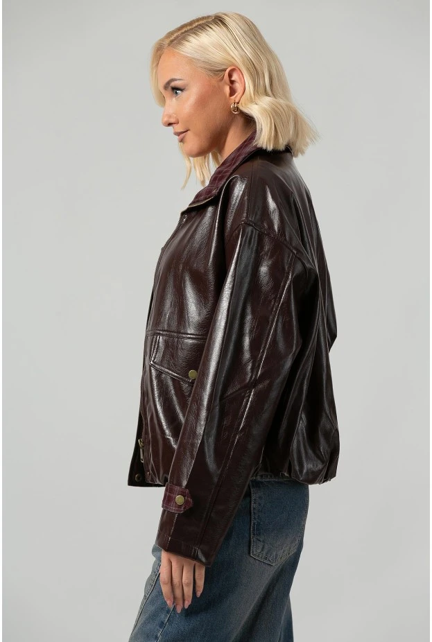 Leather jacket vinyl με καρό λεπτομέρειες και λάστιχο στη μέση μπορντό